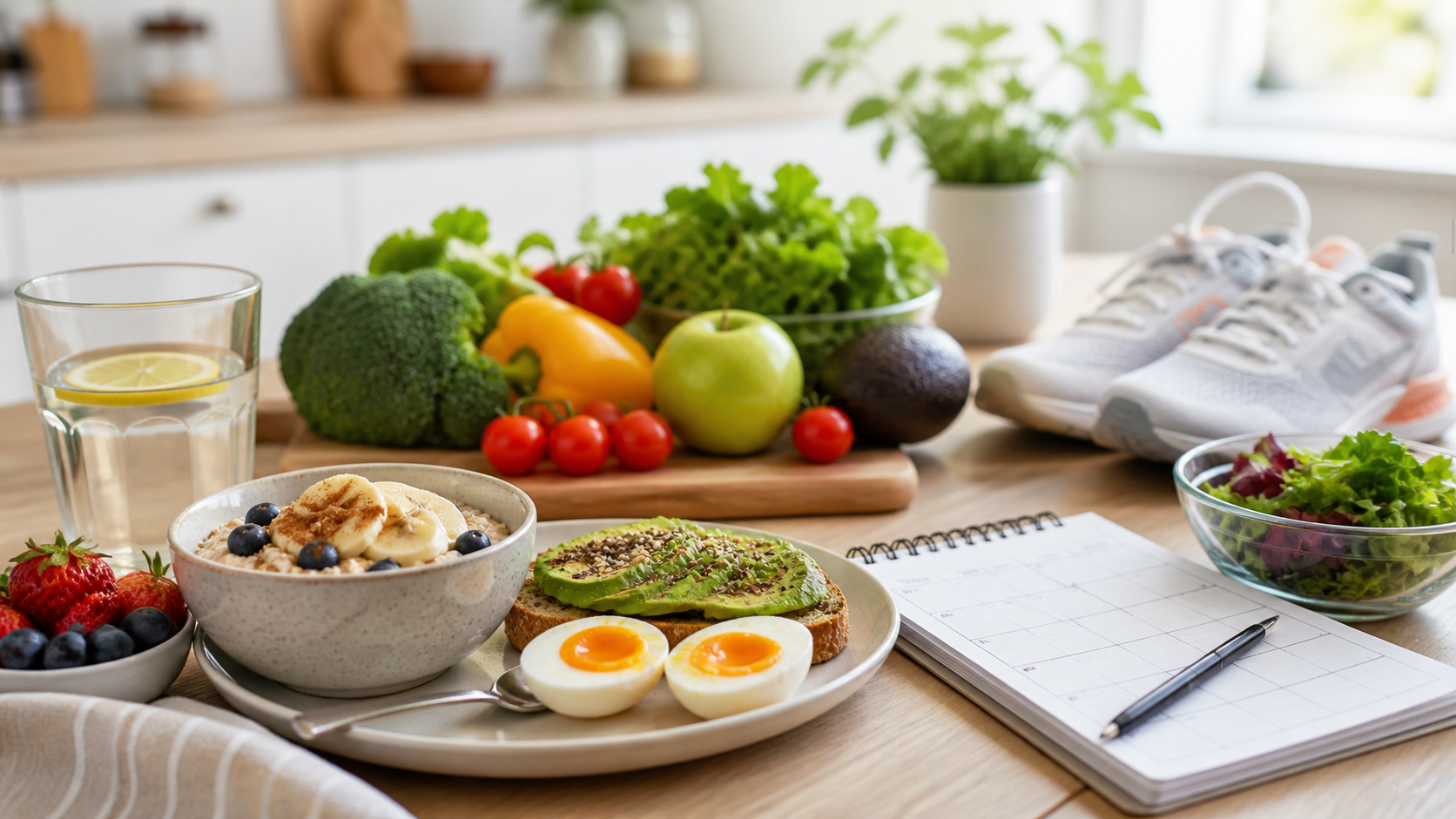 Beginner friendly healthy foods, walking shoes, and planner for safe weight loss habits