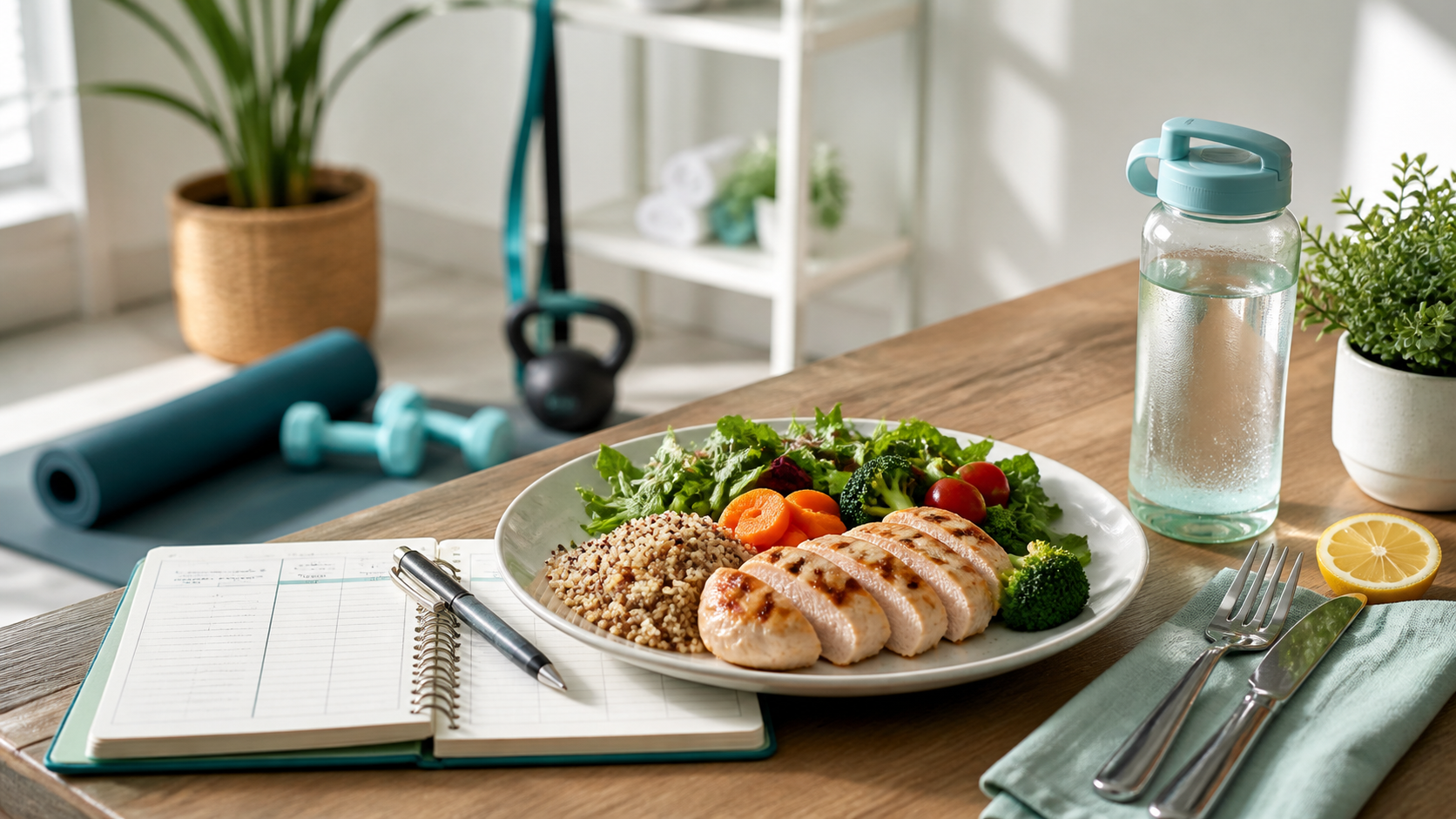 Balanced meal, habit tracker, and light workout equipment for a simple fat loss routine