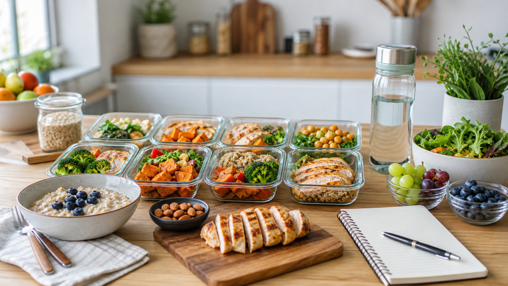 Organized meal prep containers with lean protein, vegetables, fruit, oats, water, and a planning notebook